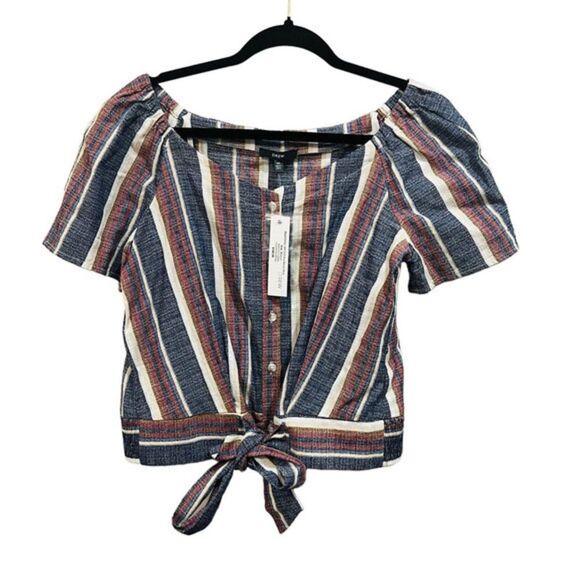 DREW Anthropologie Striped Short Sleeve Tie Front Button-Up Top Size Medium M - Picture 1 of 8